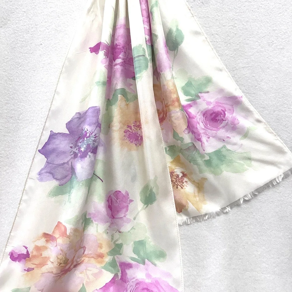 Vtg Ralph Lauren Silk Scarf 54x12 Watercolor Floral Purple Pink Cream Light Soft